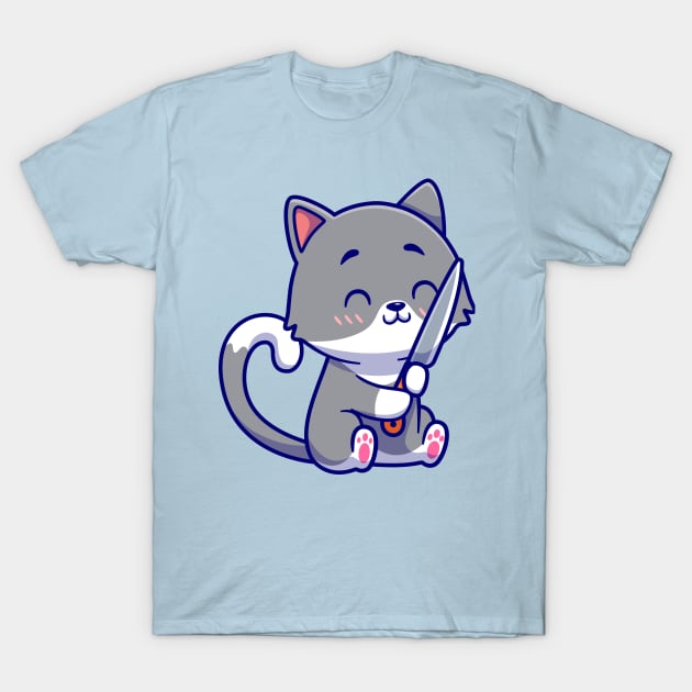 Cute Cat With Knife Cartoon T-Shirt by Catalyst Labs